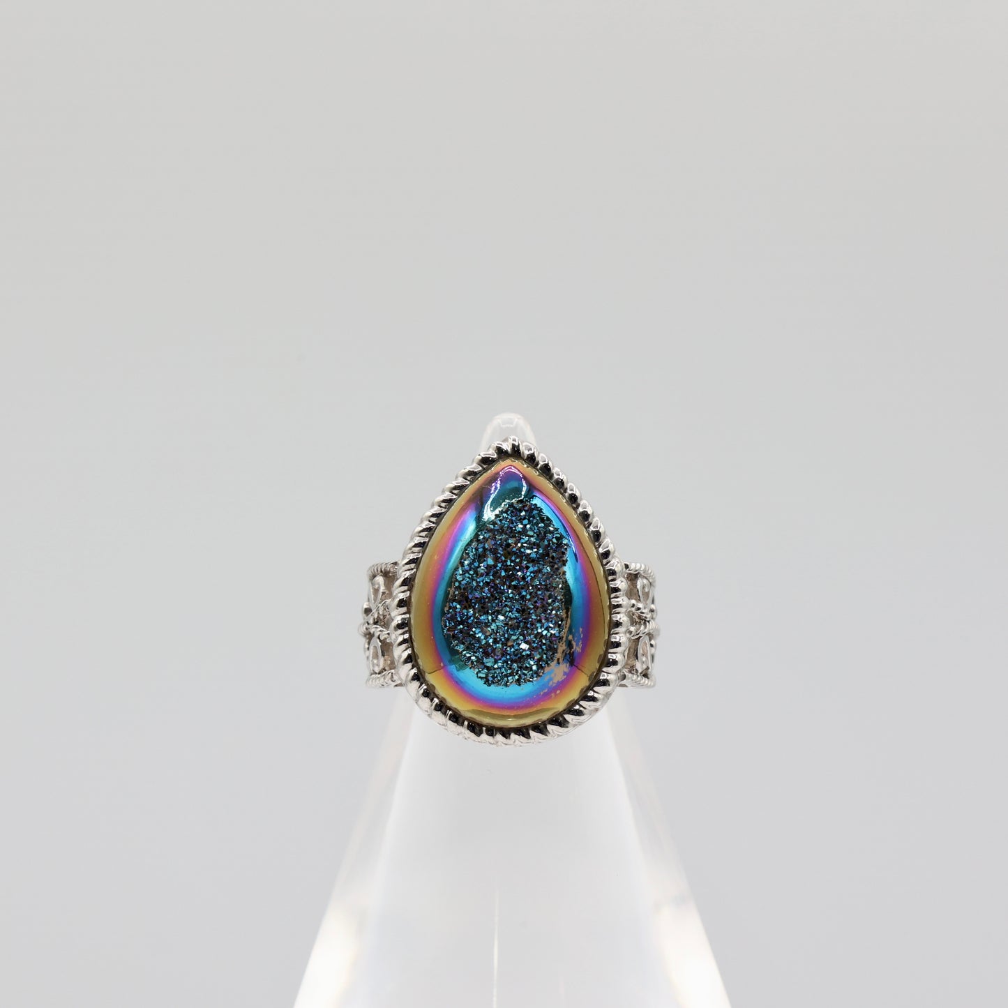 925 Sterling Silver Druzy Quartz Tear Drop Ring - Size 8