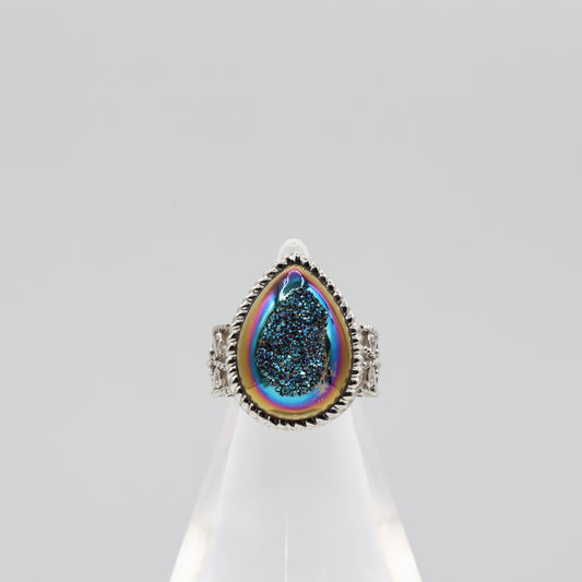 925 Sterling Silver Druzy Quartz Tear Drop Ring - Size 8