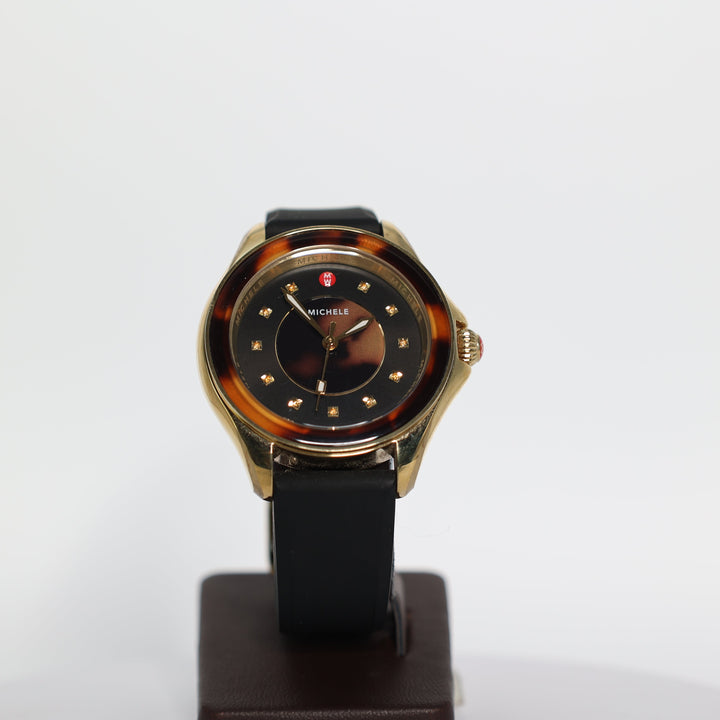 Michele Cape Tortoise Shell Bezel And Black Silicone Strap Watch