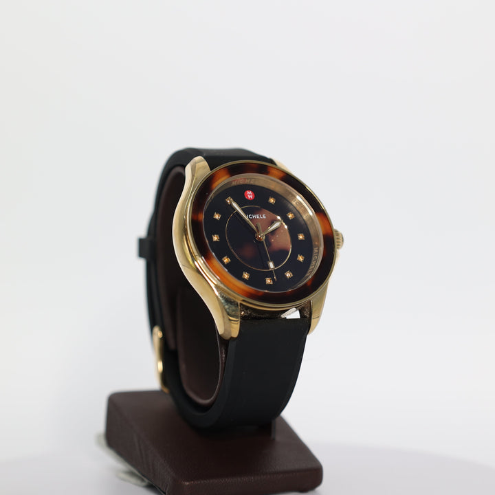 Michele Cape Tortoise Shell Bezel And Black Silicone Strap Watch