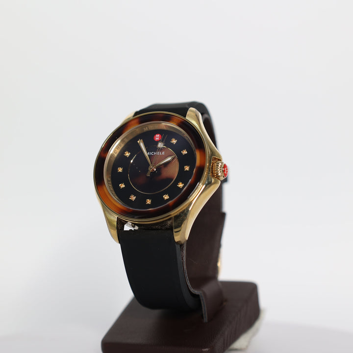 Michele Cape Tortoise Shell Bezel And Black Silicone Strap Watch