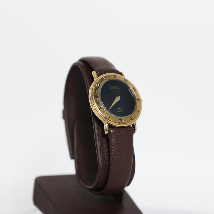 Gucci Gold Plated Black Dial and Brown Leather Band Watch