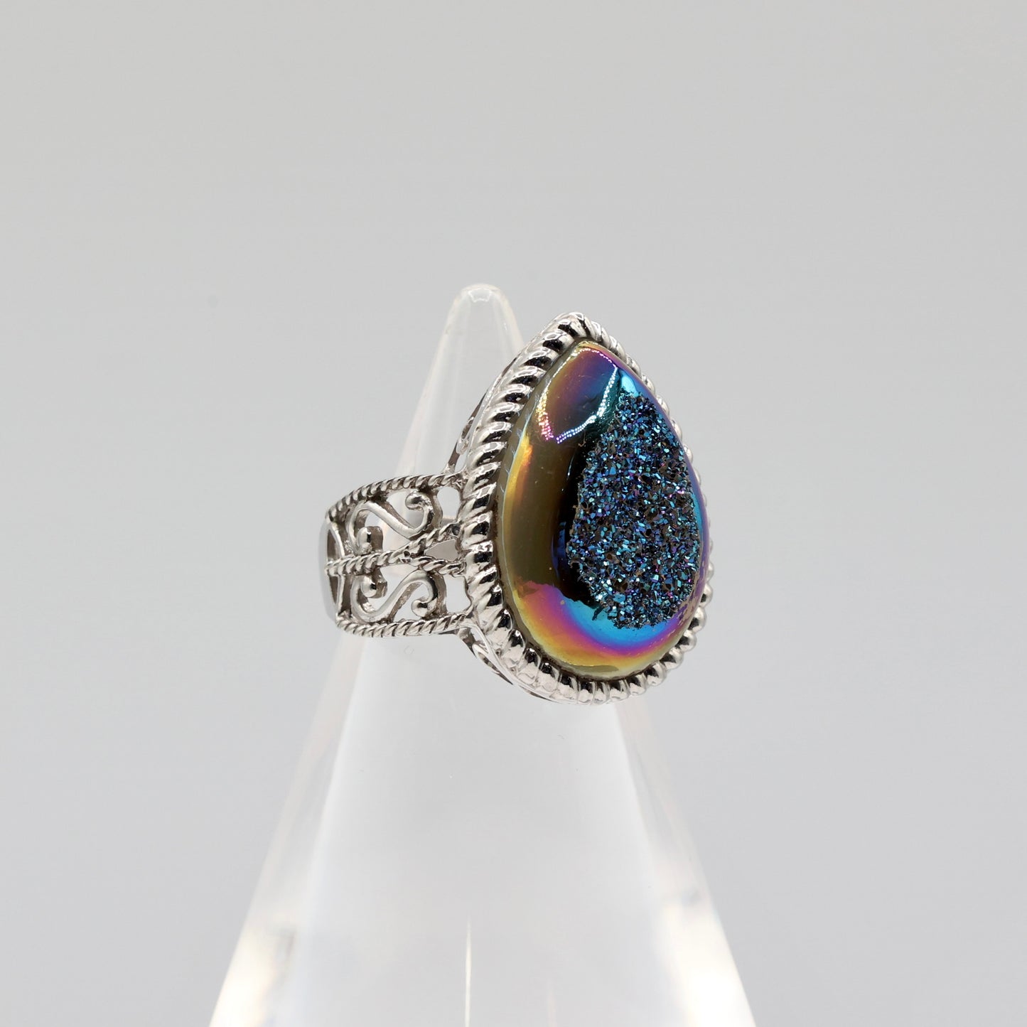 925 Sterling Silver Druzy Quartz Tear Drop Ring - Size 8