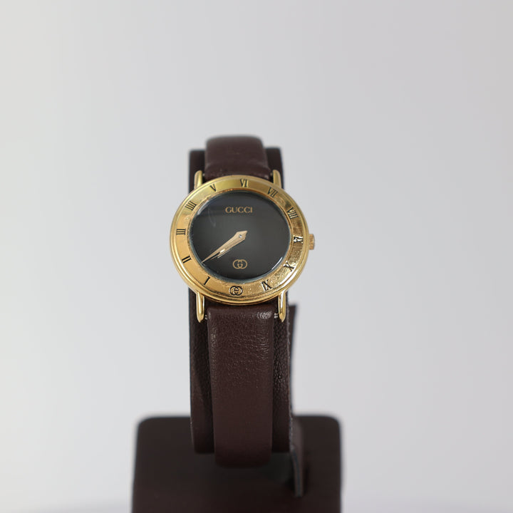 Gucci Gold Plated Black Dial and Brown Leather Band Watch