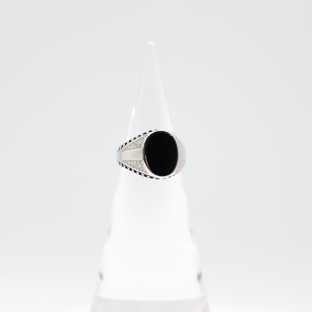 925 Sterling Silver 13x10mm Oval Black Onyx Stone Braided Halo CZ Ring Size 9.5