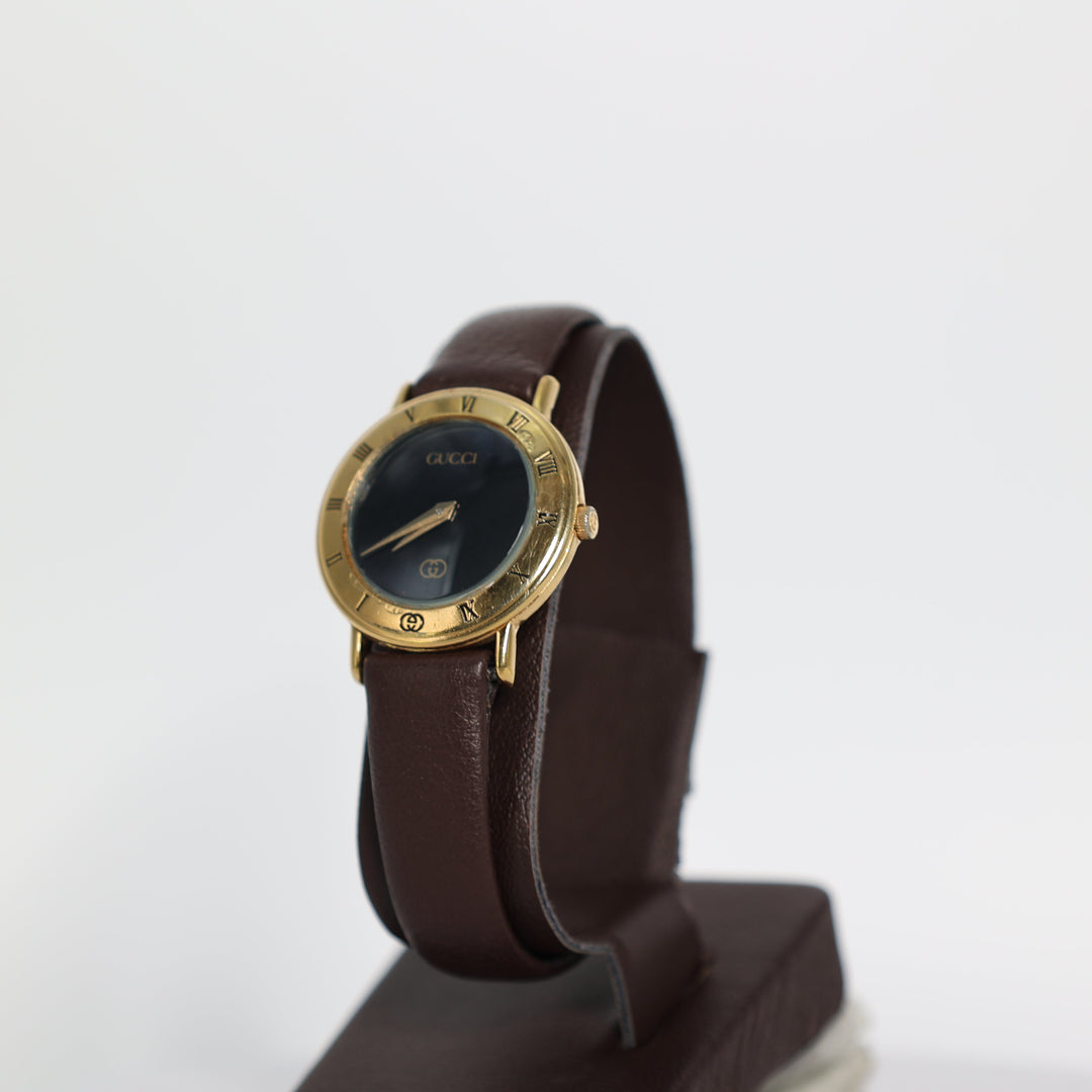 Gucci Gold Plated Black Dial and Brown Leather Band Watch