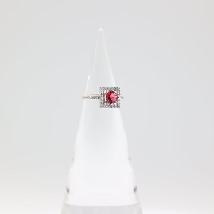 925 Sterling Silver Band Ring with 6mm Round Pink Stone and Square Halo Size 6