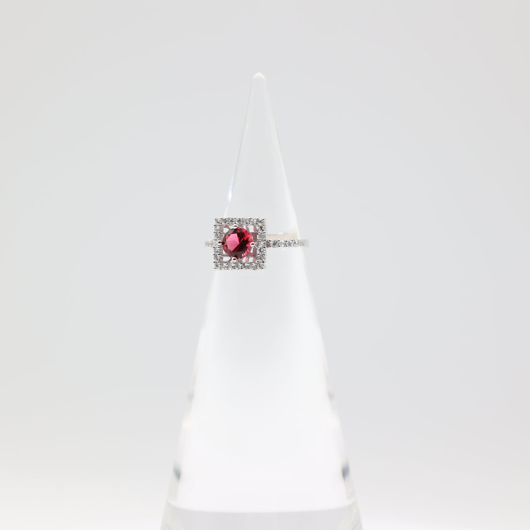 925 Sterling Silver Band Ring with 6mm Round Pink Stone and Square Halo Size 6