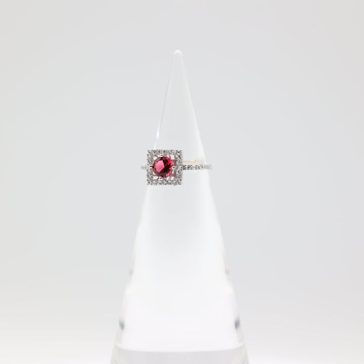 925 Sterling Silver Band Ring with 6mm Round Pink Stone and Square Halo Size 6