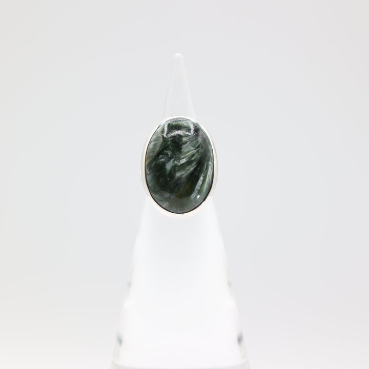 925 Silver Natural Green Seraphinite Stone Ring 26mm x 17mm Size 8.75