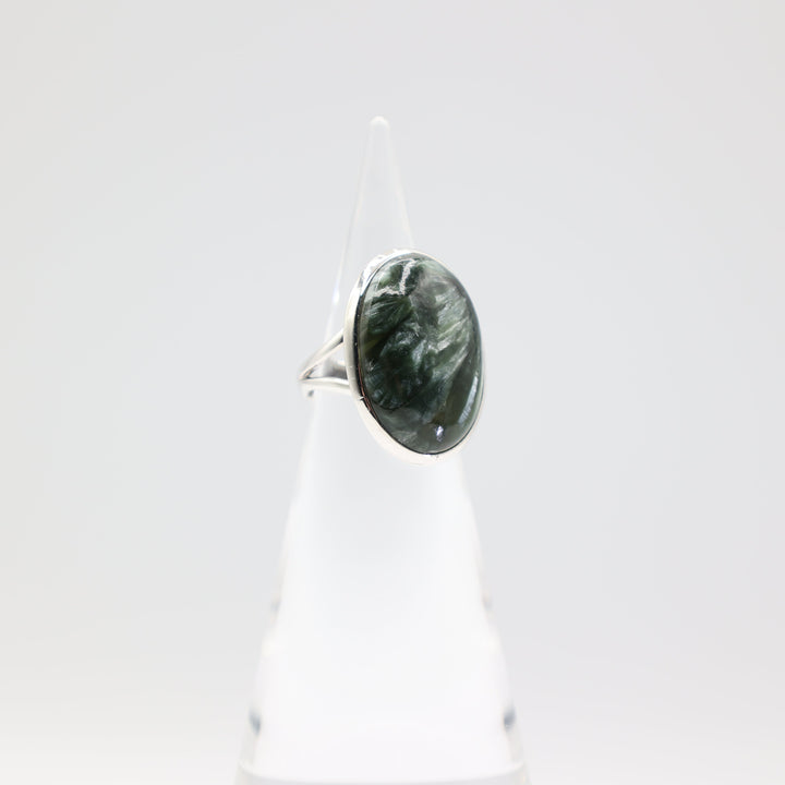 925 Silver Natural Green Seraphinite Stone Ring 26mm x 17mm Size 8.75