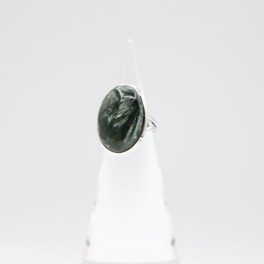 925 Silver Natural Green Seraphinite Stone Ring 26mm x 17mm Size 8.75