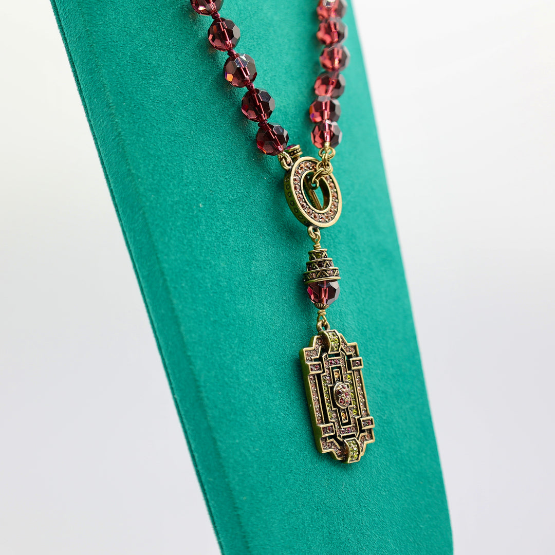 Heidi Daus Purple Beaded Necklace with Green and Chocolate Rhinestones