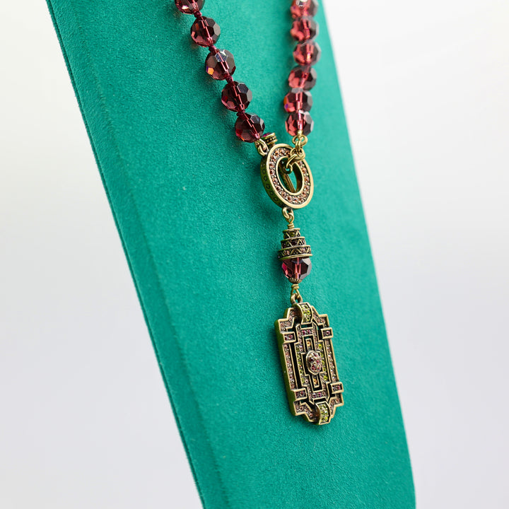 Heidi Daus Purple Beaded Necklace with Green and Chocolate Rhinestones