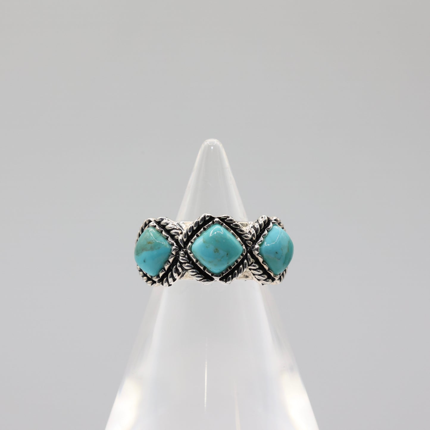 925 Sterling Silver Three Stone Faux Turquoise Ring - Size 8