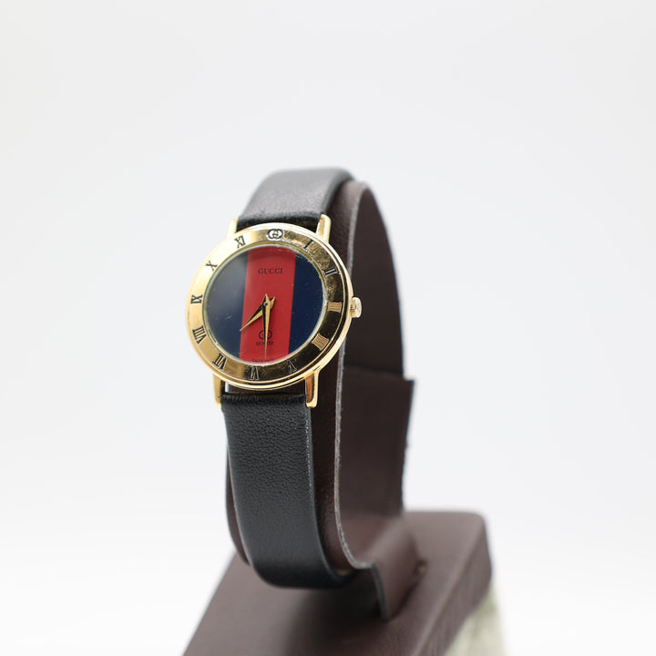 Gucci 3001L Gold Plated, Red & Green Striped Dial Quartz Watch