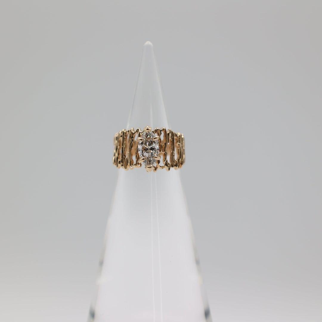 14K Yellow Gold Textured Molten Branch Motif Marquise Cut Diamond Ring Size 6.5