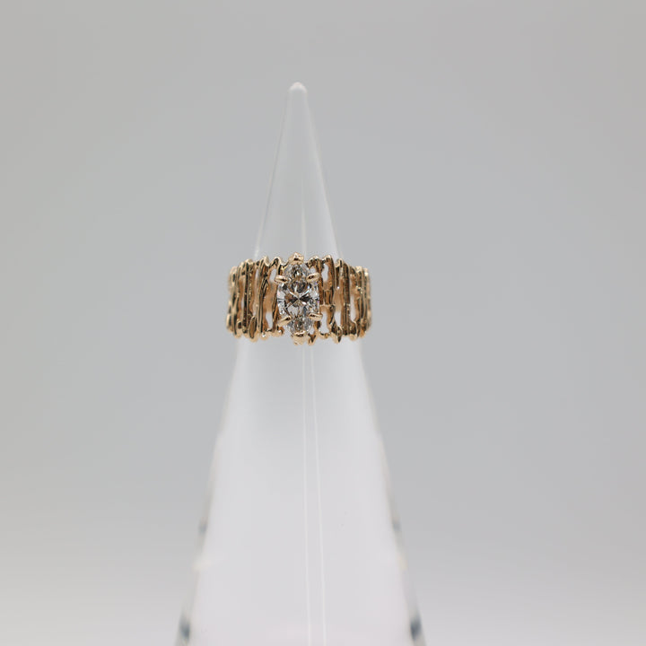 14K Yellow Gold Textured Molten Branch Motif Marquise Cut Diamond Ring Size 6.5