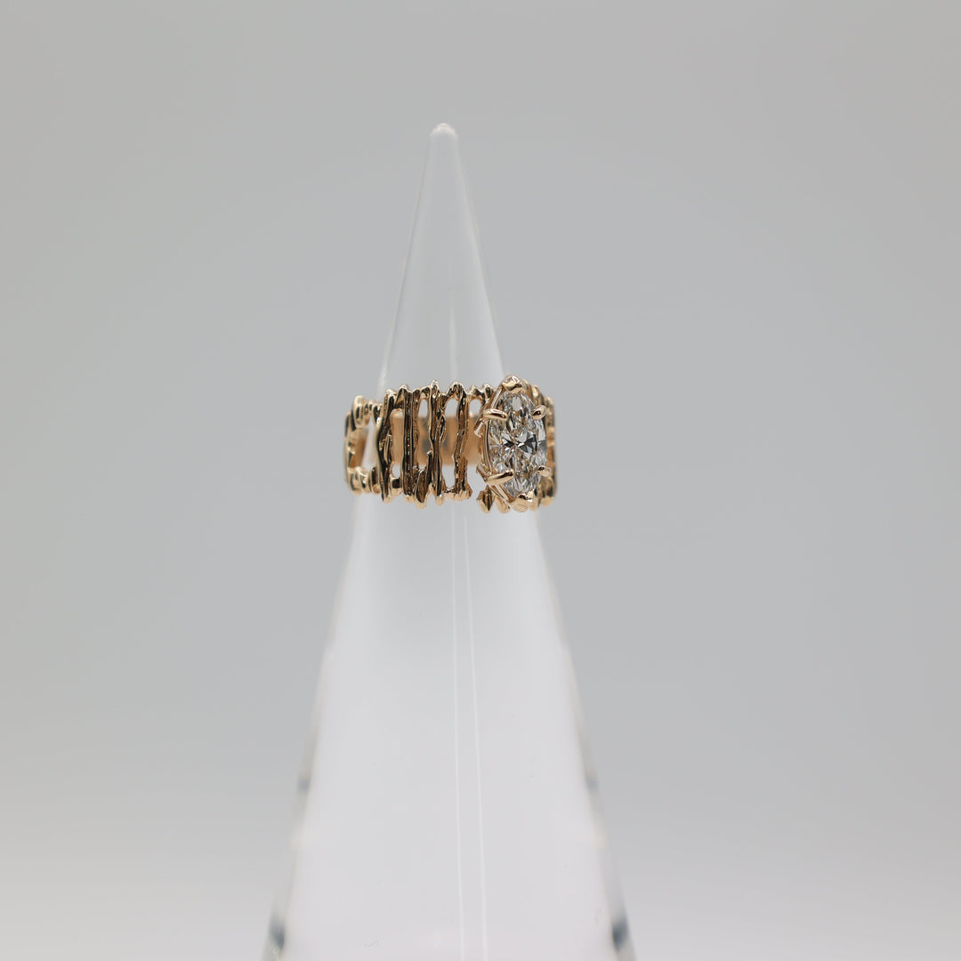 14K Yellow Gold Textured Molten Branch Motif Marquise Cut Diamond Ring Size 6.5