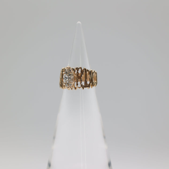 14K Yellow Gold Textured Molten Branch Motif Marquise Cut Diamond Ring Size 6.5