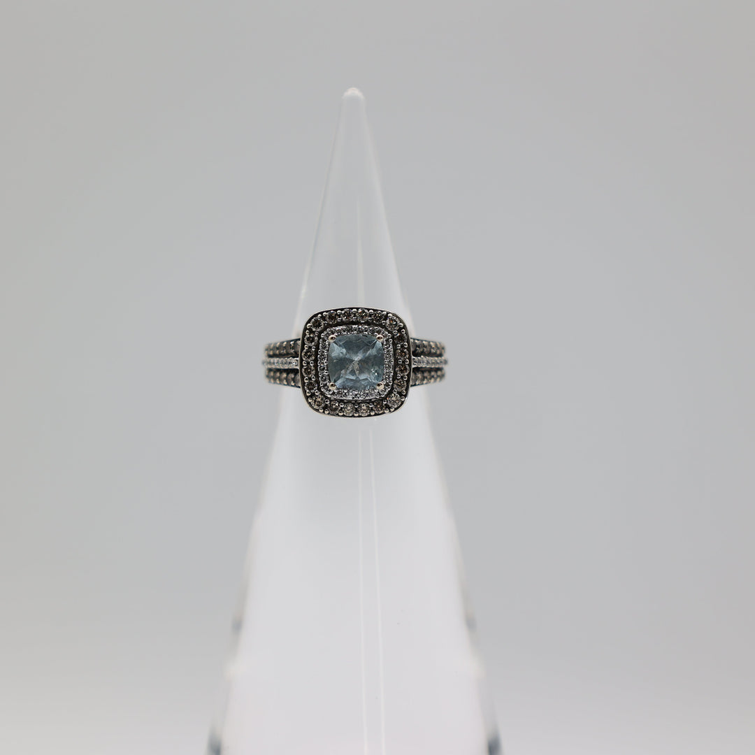 14K White Gold LeVian Cushion Cut 6mm Blue Aquamarine Diamond Halo Ring 6.25