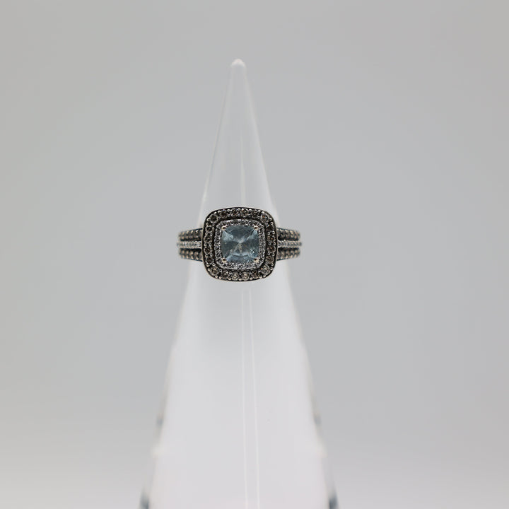 14K White Gold LeVian Cushion Cut 6mm Blue Aquamarine Diamond Halo Ring 6.25