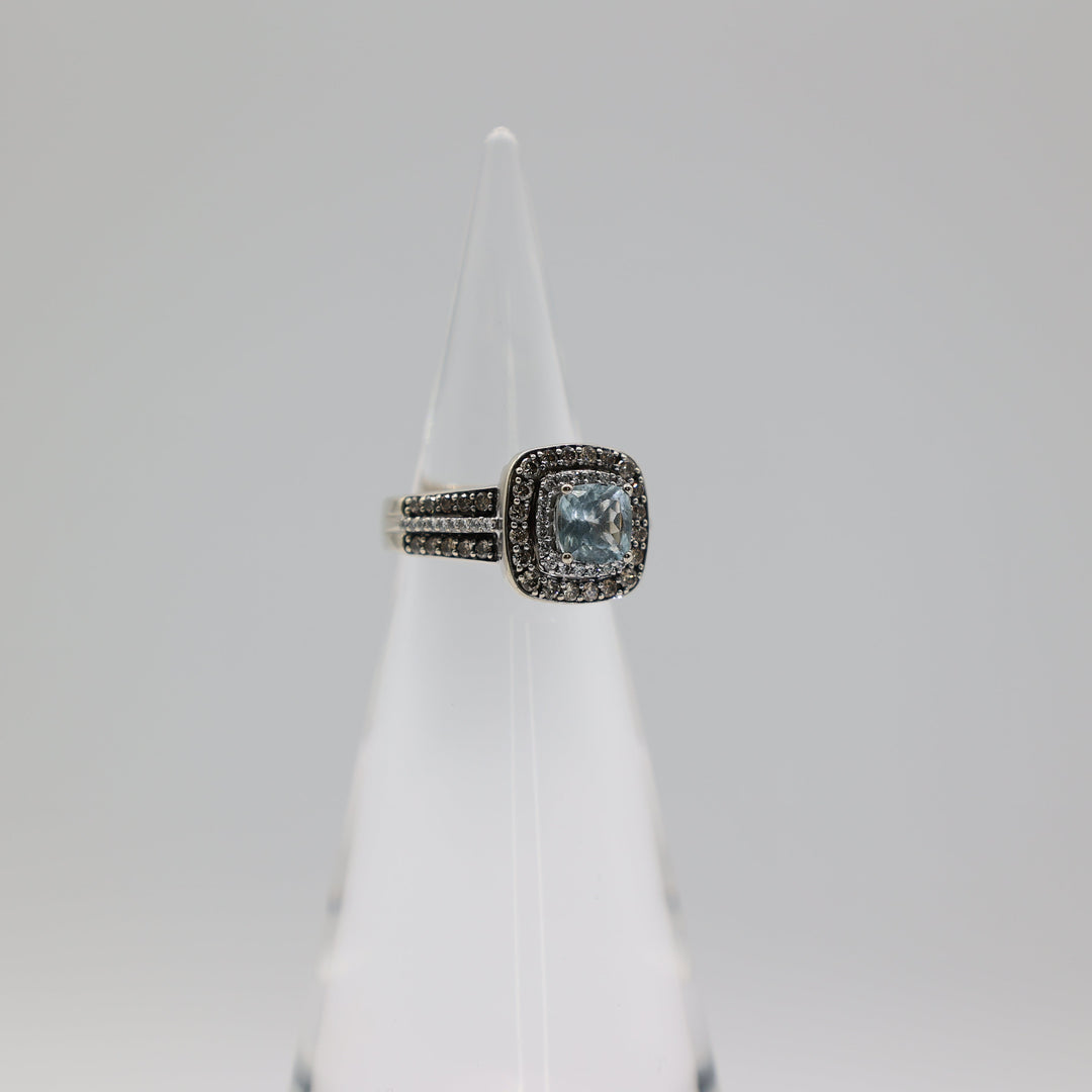 14K White Gold LeVian Cushion Cut 6mm Blue Aquamarine Diamond Halo Ring 6.25