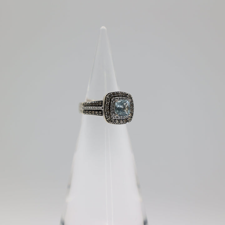 14K White Gold LeVian Cushion Cut 6mm Blue Aquamarine Diamond Halo Ring 6.25