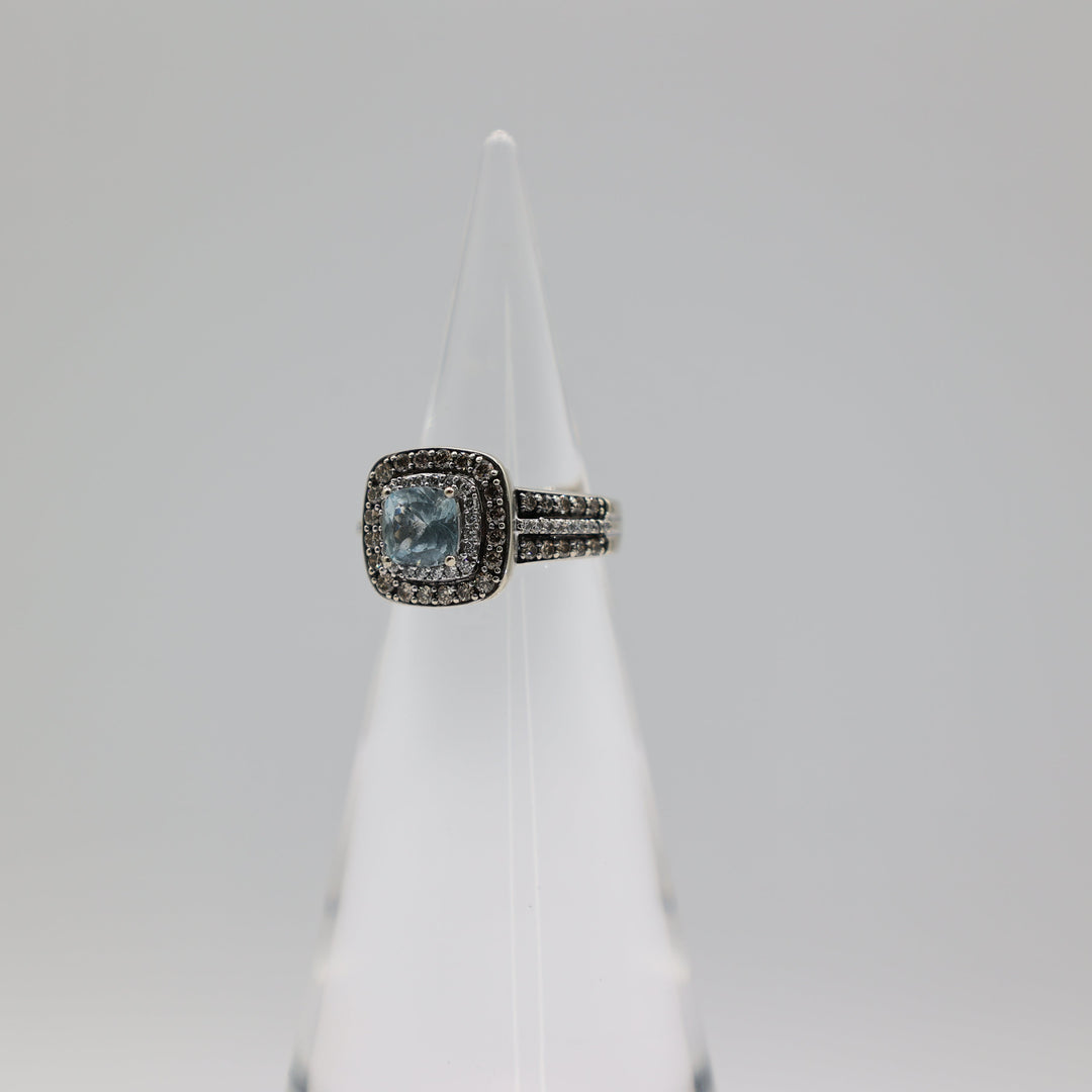 14K White Gold LeVian Cushion Cut 6mm Blue Aquamarine Diamond Halo Ring 6.25