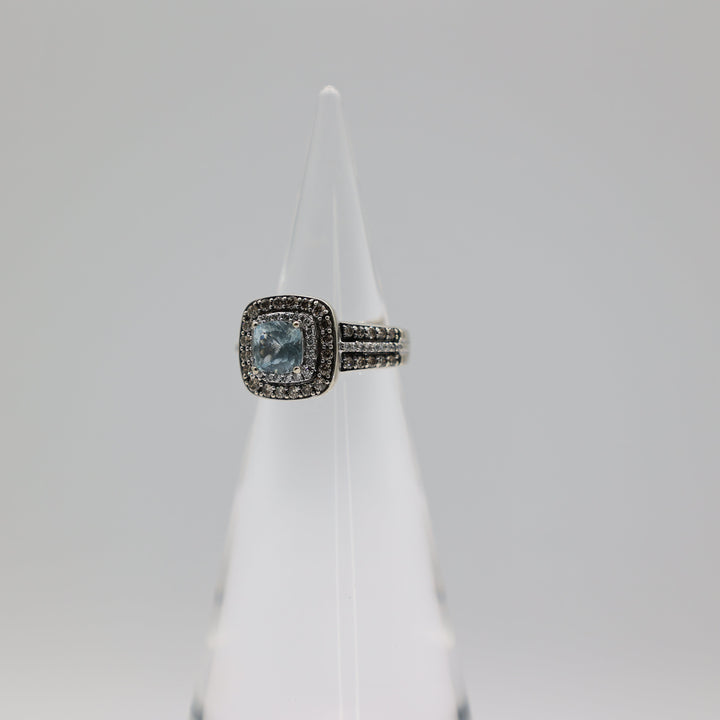 14K White Gold LeVian Cushion Cut 6mm Blue Aquamarine Diamond Halo Ring 6.25