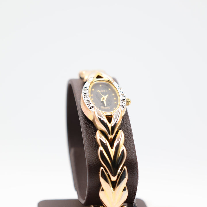 Elgin Vintage Diamond Quartz Gold Tone Black Dial Watch