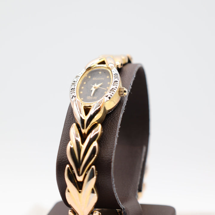 Elgin Vintage Diamond Quartz Gold Tone Black Dial Watch