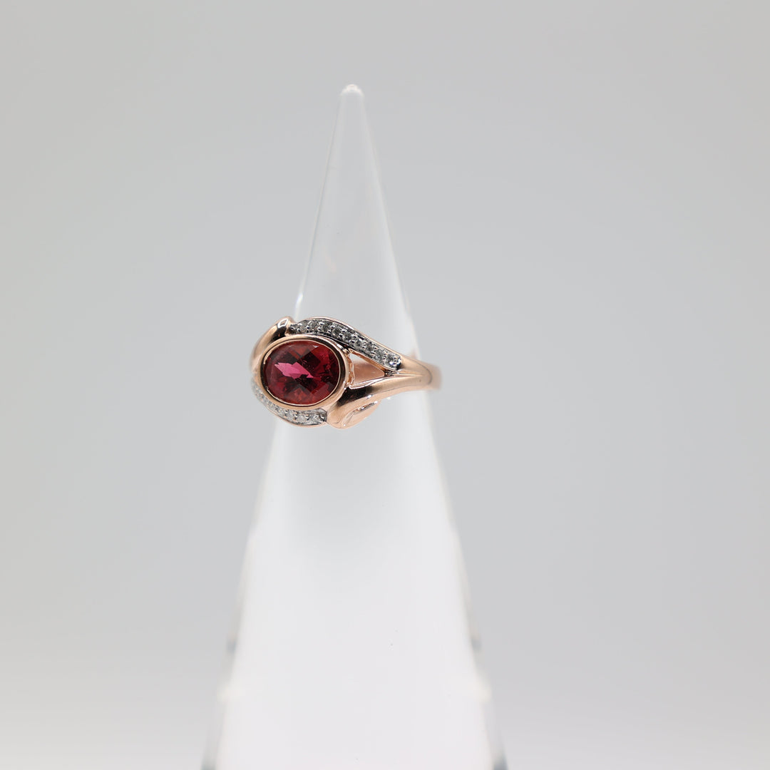 14K Rose Gold 9x7mm Pink Tourmaline Diamond Accent Ring Size 6.75