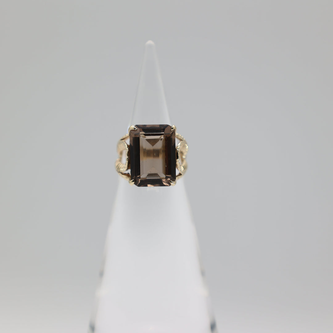 10K Gold Emerald Cut Smoky Quartz Ring 16x12mm Size 6.5