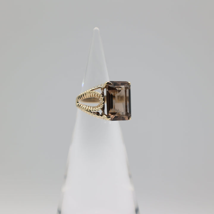 10K Gold Emerald Cut Smoky Quartz Ring 16x12mm Size 6.5
