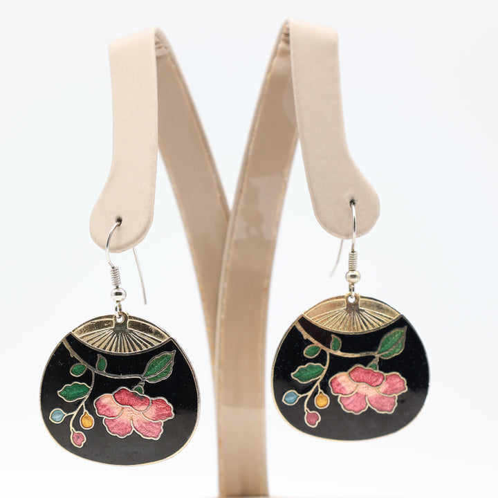 Vintage Gold Tone Cloisonné Enamel Flower Earrings