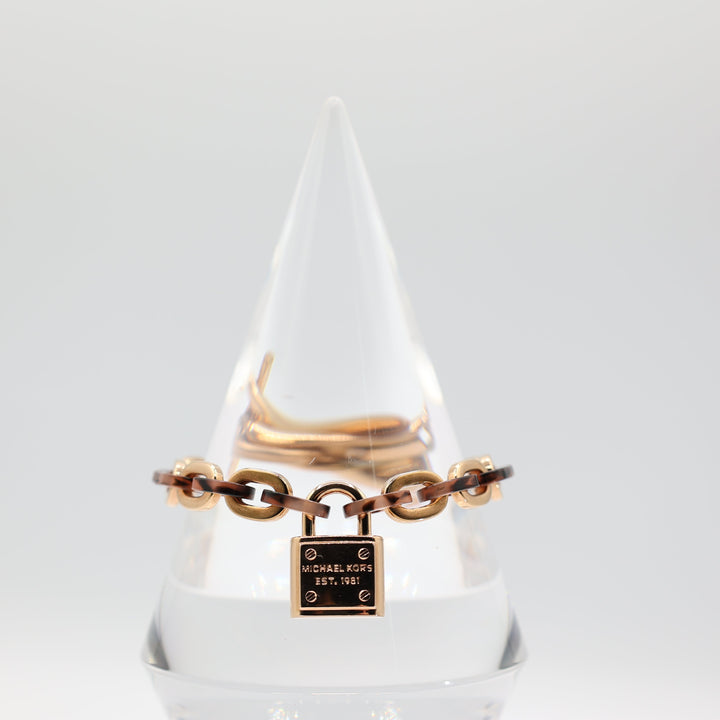 Michael Kors Rose Gold Tone & Leopard Print Link Chain Bracelet with Padlock Charm