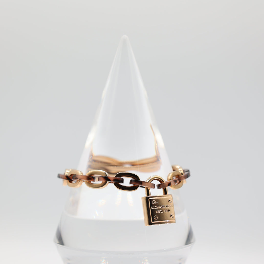 Michael Kors Rose Gold Tone & Leopard Print Link Chain Bracelet with Padlock Charm