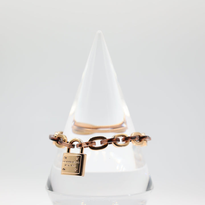 Michael Kors Rose Gold Tone & Leopard Print Link Chain Bracelet with Padlock Charm