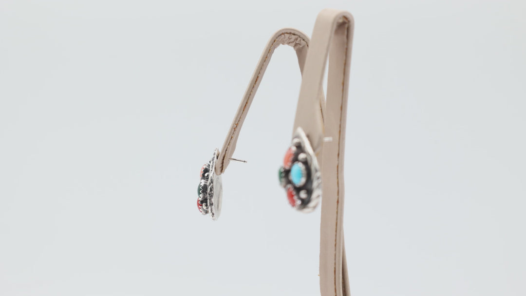 925 Sterling Silver Pear Cut Jade Malachite Coral and Turquoise Stone Earrings