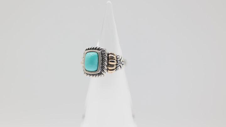925 Sterling Silver and 14k Gold Accents Turquoise Stone Ring Size 7 10x8mm