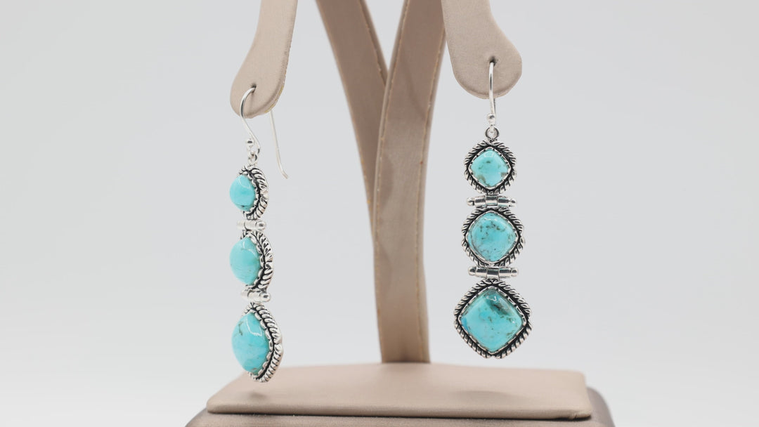925 Sterling Silver Turquoise Triple Dangle Hook Earrings