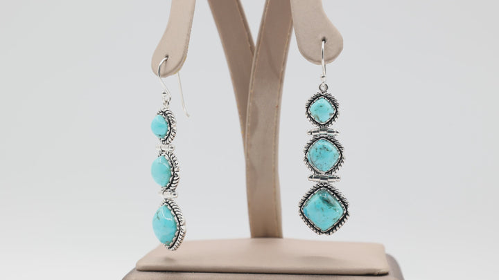 925 Sterling Silver Turquoise Triple Dangle Hook Earrings