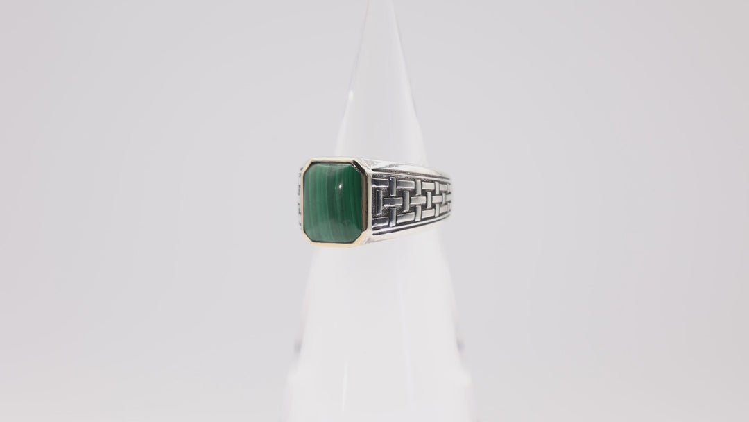 Effy Vintage 925 Sterling Silver and 14k Yellow Gold Malachite Ring- Size 9.5- 12.65g