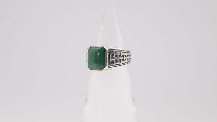 Effy Vintage 925 Sterling Silver and 14k Yellow Gold Malachite Ring- Size 9.5- 12.65g