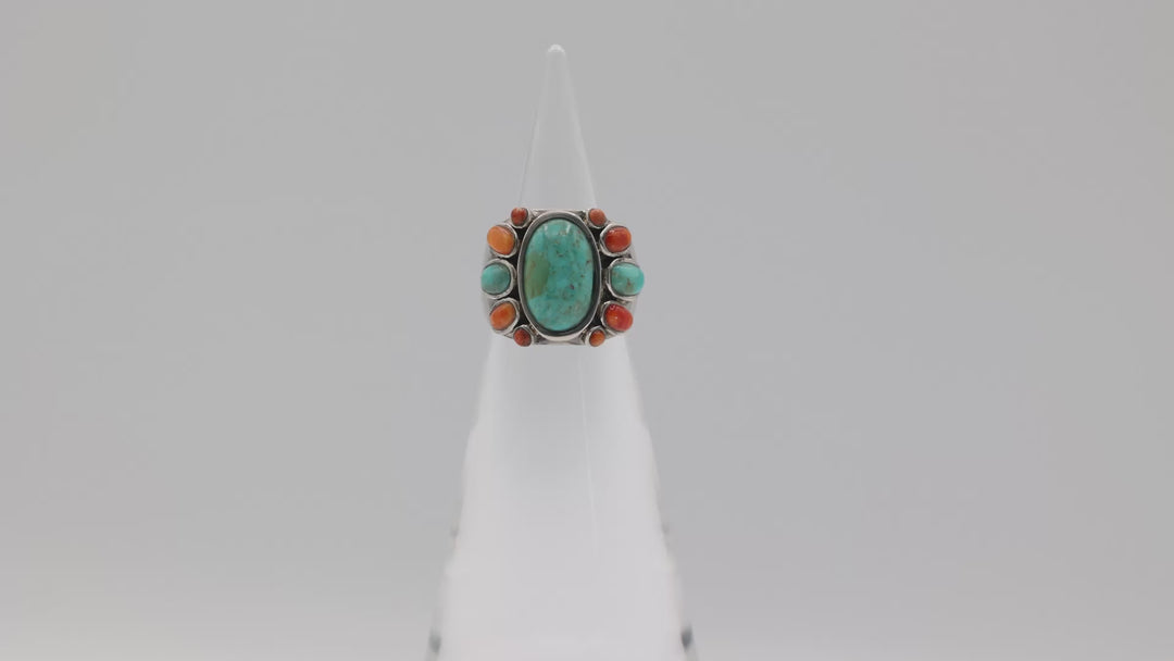 925 Sterling Silver Barse Turquoise & Coral Ring Size 6.5