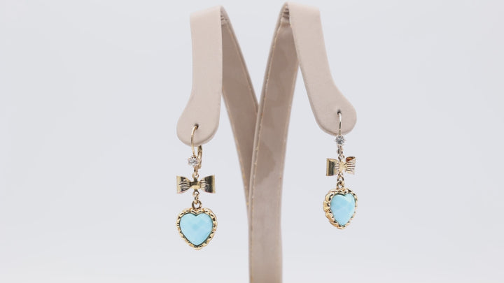 Betsy Johnson Faux Turquoise Dangled Heart with Bow and White Crystal Clasp Earrings