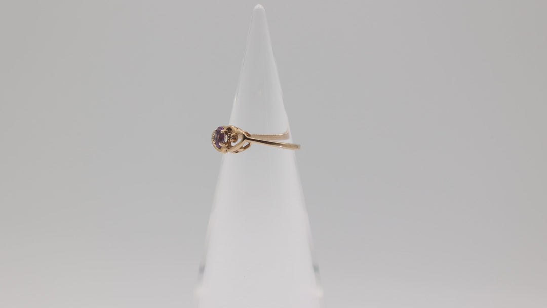 10k Yellow Gold Amethyst Ring With Two Hearts And Two White Diamonds Size 5.75