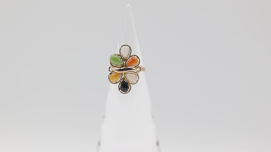 14k Yellow Gold Multi Color Natural Jade Cluster Ring Size 7.75