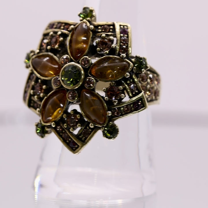 Heidi Daus Signed Damoiselle Multi Colored Crystal Statement Brass Ring - Size 9